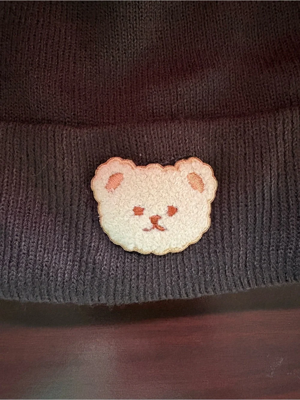 Kids Brown Knit Beanie with Cream Bear Patch NWOT